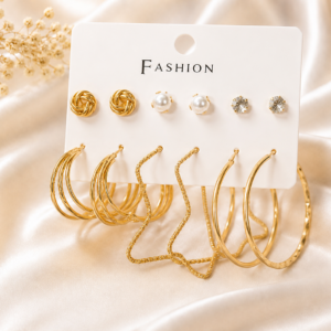 Gold-Tone 6 Pair Stud & Hoop Earrings Combo Set for Women & Girls