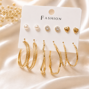 Gold-Tone 6 Pair Stud & Hoop Earrings Combo Set for Women & Girls