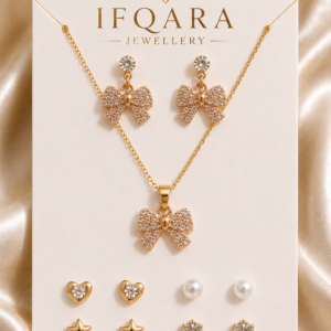 Gold-Tone Bow Design Combo Necklace With Stud Earrings For Women and Girls