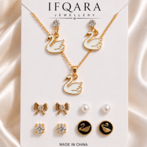 Gold-Tone Duck Design Combo Necklace With Stud Earrings For Women and Girls