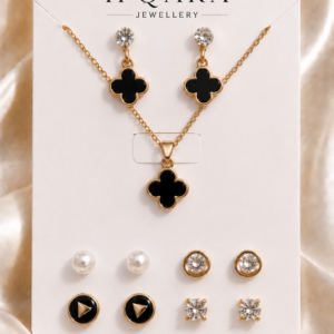 Gold-Tone Clover Design Combo Necklace With Stud Earrings For Women and Girls