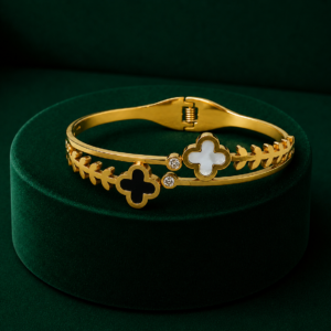 Gold-Plated Clover Leaf Open Cuff Kada Bracelet for Women & Girls