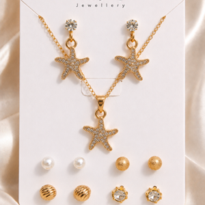 Gold-Tone Star Design Combo Necklace With Stud Earrings For Women and Girls