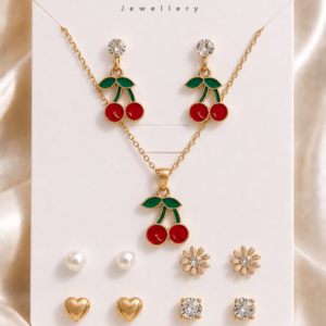 Gold-Tone Cherry Pendant Necklace Combo Necklace With Stud Earrings For Women and Girls