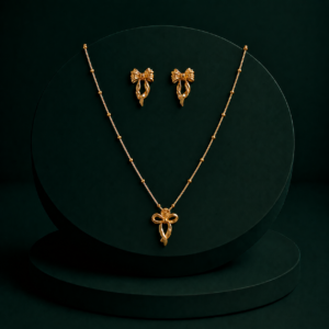 Gold-Tone Bow Pendant Necklace Set with Matching Earrings for Women & Girls