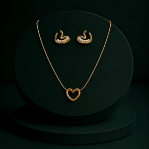 Gold-Tone Heart Pendant Necklace Set with Pearl Stud Earrings for Women & Girls