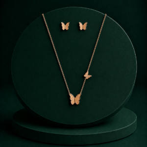 Rose Gold Plated Pendant Necklace with Butterfly Stud Earrings Set for Women & Girls