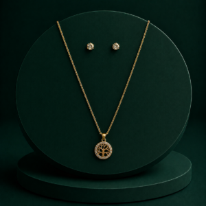 Gold-Plated Tree Pendant Necklace with Stud Earrings Set for Women & Girls