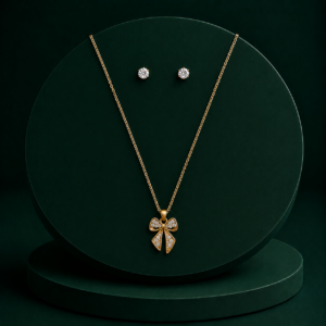Gold-Plated Bow Pendant Necklace with Stud Earrings Set for Women & Girls