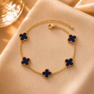 Gold Plated Navy Blue Clover Bracelet for Women & Girls