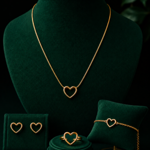 Heart Shape Gold-Plated Pendant Necklace Set with Stud Earrings, Ring & Bracelet for Women and Girls