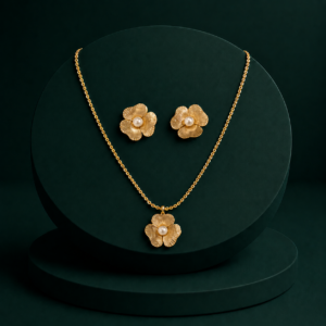 Gold-Tone Floral Pearl Pendant Necklace Set with Matching Earrings for Women and Girls