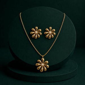 Gold-Tone Floral Pendant Necklace Set with Pearl Center Stud Earrings for Women & Girls