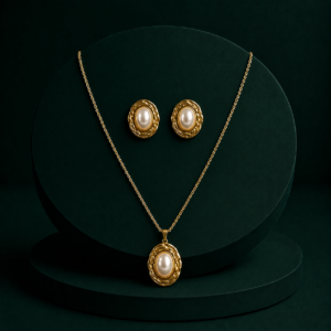 Gold-Plated Oval Pearl Pendant Necklace Set with Matching Stud Earrings for Women & Girls