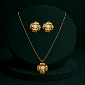 Gold-Tone Floral Pearl Pendant Necklace Set with Matching Stud Earrings for Women & Girls