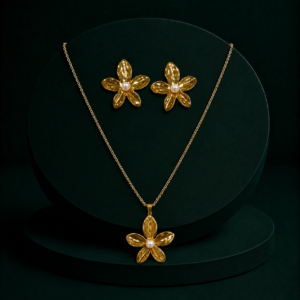 Gold-Tone Floral Pearl Pendant Necklace Set with Matching Stud Earrings for Women and Girls