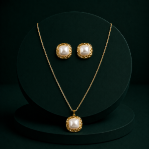 Gold-Plated Pearl Square Pendant Necklace Set with Stud Earrings for Women & Girls
