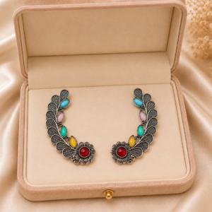 Oxidised Silver-Tone Multicolor Stone Earrings for Women & Girls