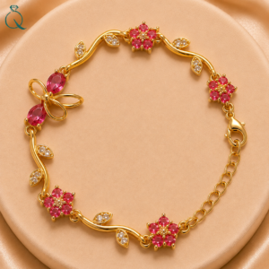 Pink Floral Charm Gold-Tone Bracelet for Women & Girls