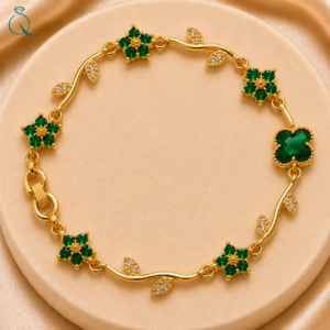Green Floral Charm Gold-Tone Bracelet for Women & Girls