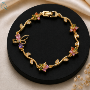Multicolor Floral Charm Gold-Tone Bracelet for Women & Girls
