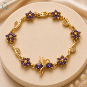 Purple Floral Charm Gold-Tone Bracelet for Women & Girls