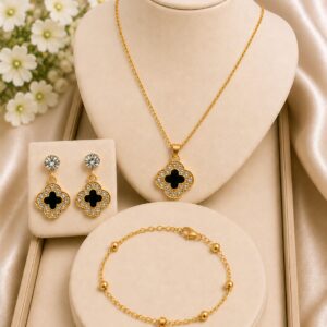 Clover Pendant Necklace, Earrings & Bracelet Jewelry Set for Women & Girls
