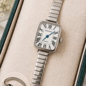 Silver-Tone Rectangle Analog Watch For Women & Girls