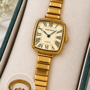 Gold-Tone Rectangle Analog Watch For Women & Girls