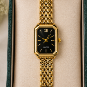 Gold-Tone Rectangle Analog Watch For Women & Girls