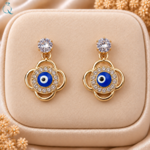 Gold Plated Blue Evil Eye Drop Earrings for Women & Girls