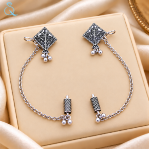 Oxidised Silver-Tone Traditional Kaanphool Chain Earrings For Women and Girls