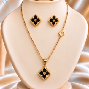 Black Floral Pendant Necklace Set with Matching Earrings for Women and Girls