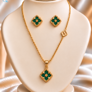 Green Floral Pendant Necklace Set with Matching Earrings for Women and Girls