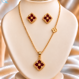 Red Floral Pendant Necklace Set with Matching Earrings for Women and Girls